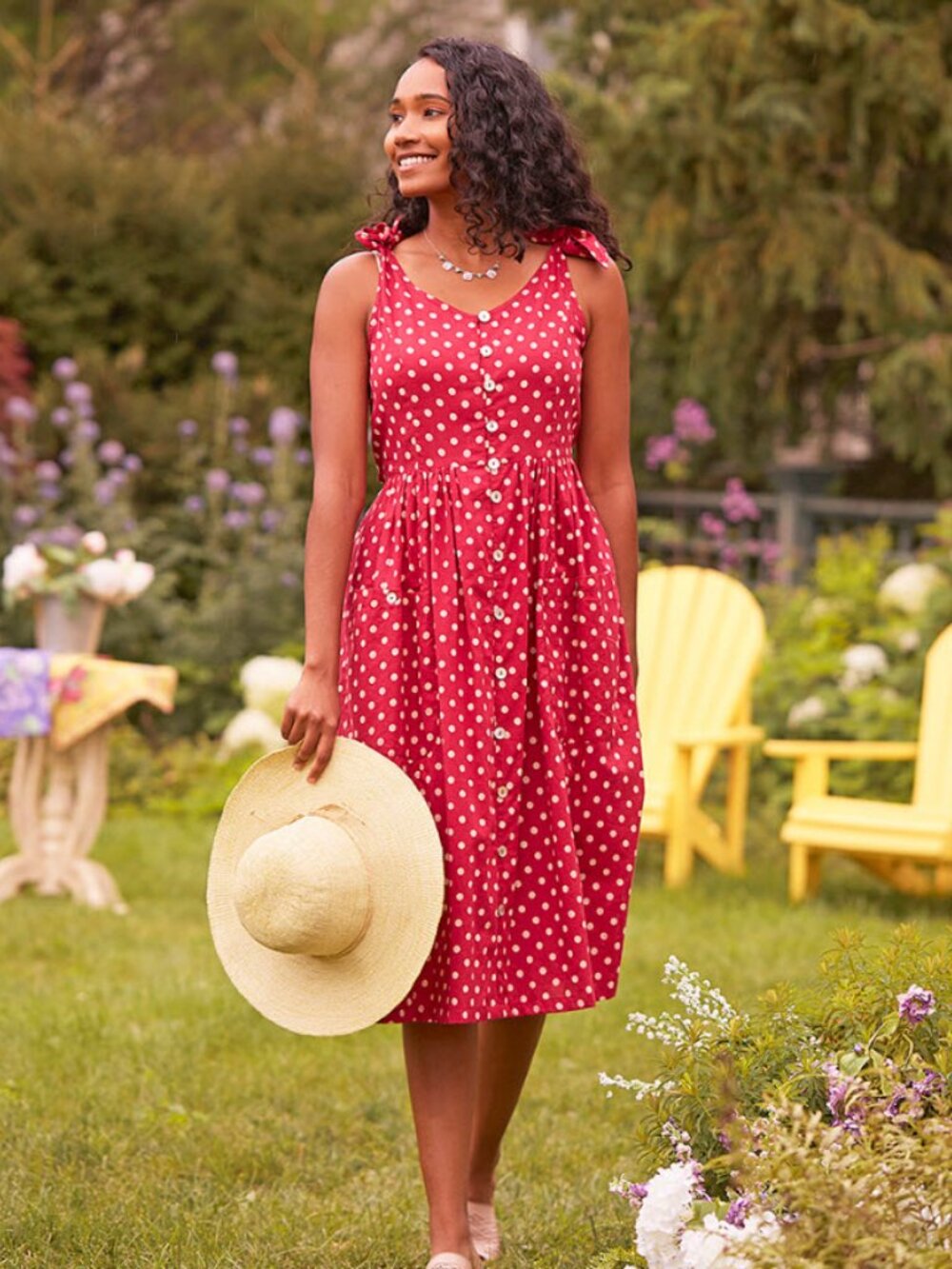 April Cornell Molly Dot Dress Cotton NEW Button Front Shoulder Ties Back Tie LG - Picture 2 of 4